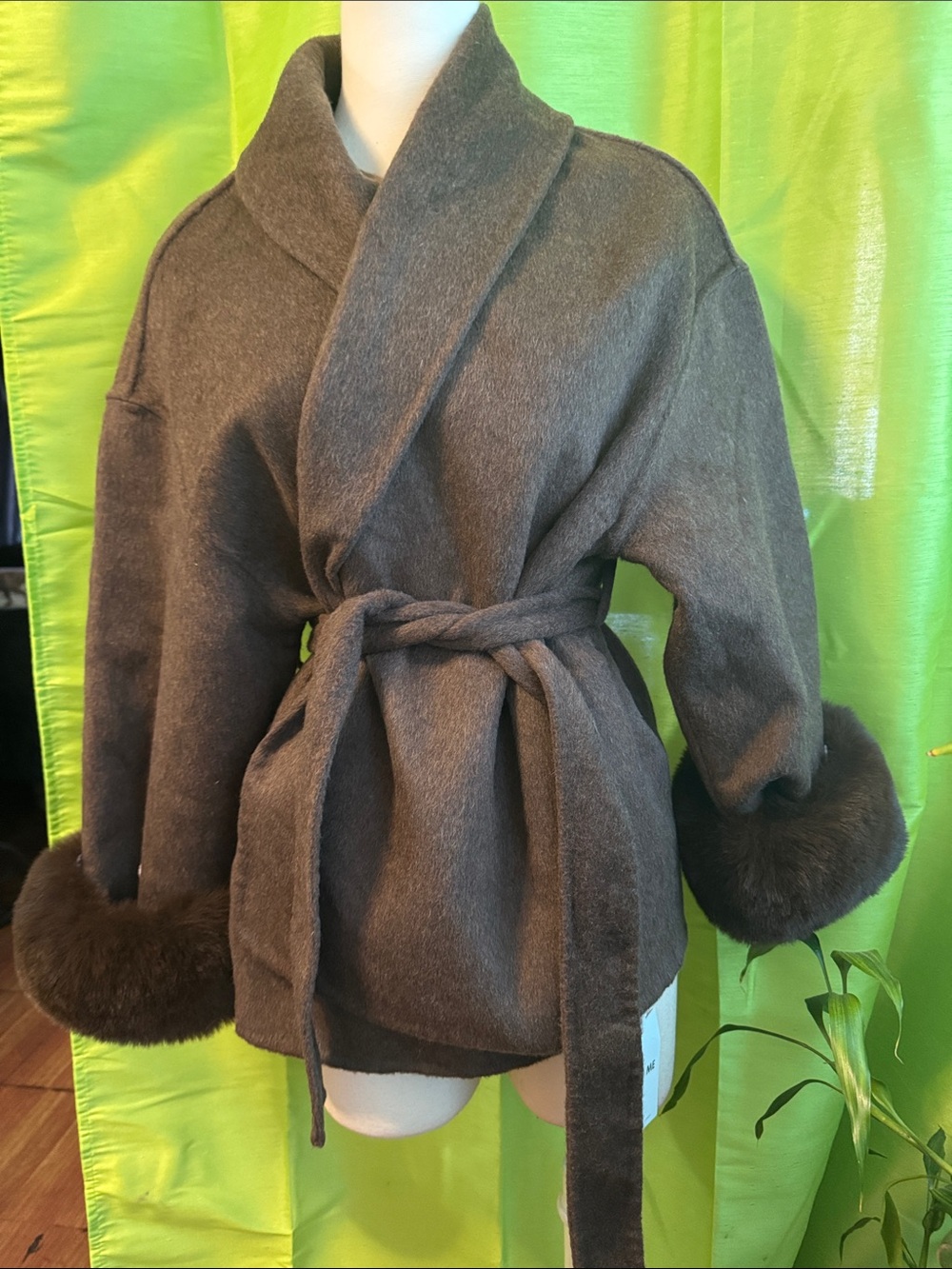 Women’s Shawl Collar Belted Coat with Fur Cuffs - Dark Gray is wool